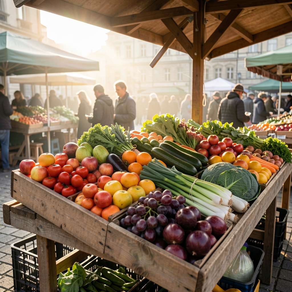 Vibrant spring vegetables at an outdoor market stall in early morning light, bundles of leeks, early peas and purple sprouting broccoli